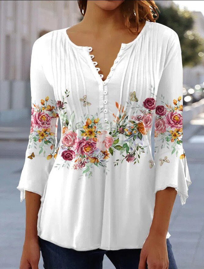 Effortless Floral Blouse for Women with Split Neck Bell Sleeve Pintuck Button Front Boho Style