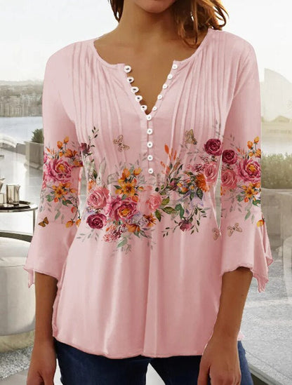 Effortless Floral Blouse for Women with Split Neck Bell Sleeve Pintuck Button Front Boho Style