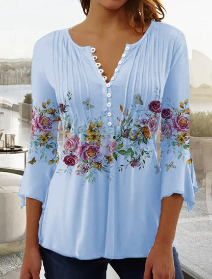 Effortless Floral Blouse for Women with Split Neck Bell Sleeve Pintuck Button Front Boho Style