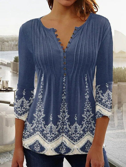 Effortless Floral Blouse for Women with Split Neck Bell Sleeve Pintuck Button Front Boho Style