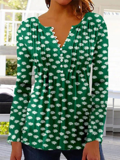 Effortless Floral Blouse for Women with Split Neck Bell Sleeve Pintuck Button Front Boho Style