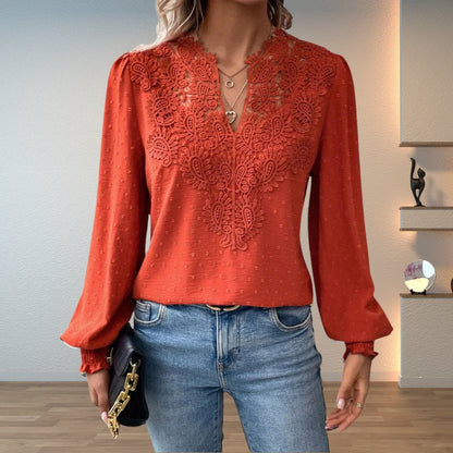 Elegant Swiss Dot Lace Blouse for Women with V Neck Long Sleeve Crochet Trim Relaxed Style