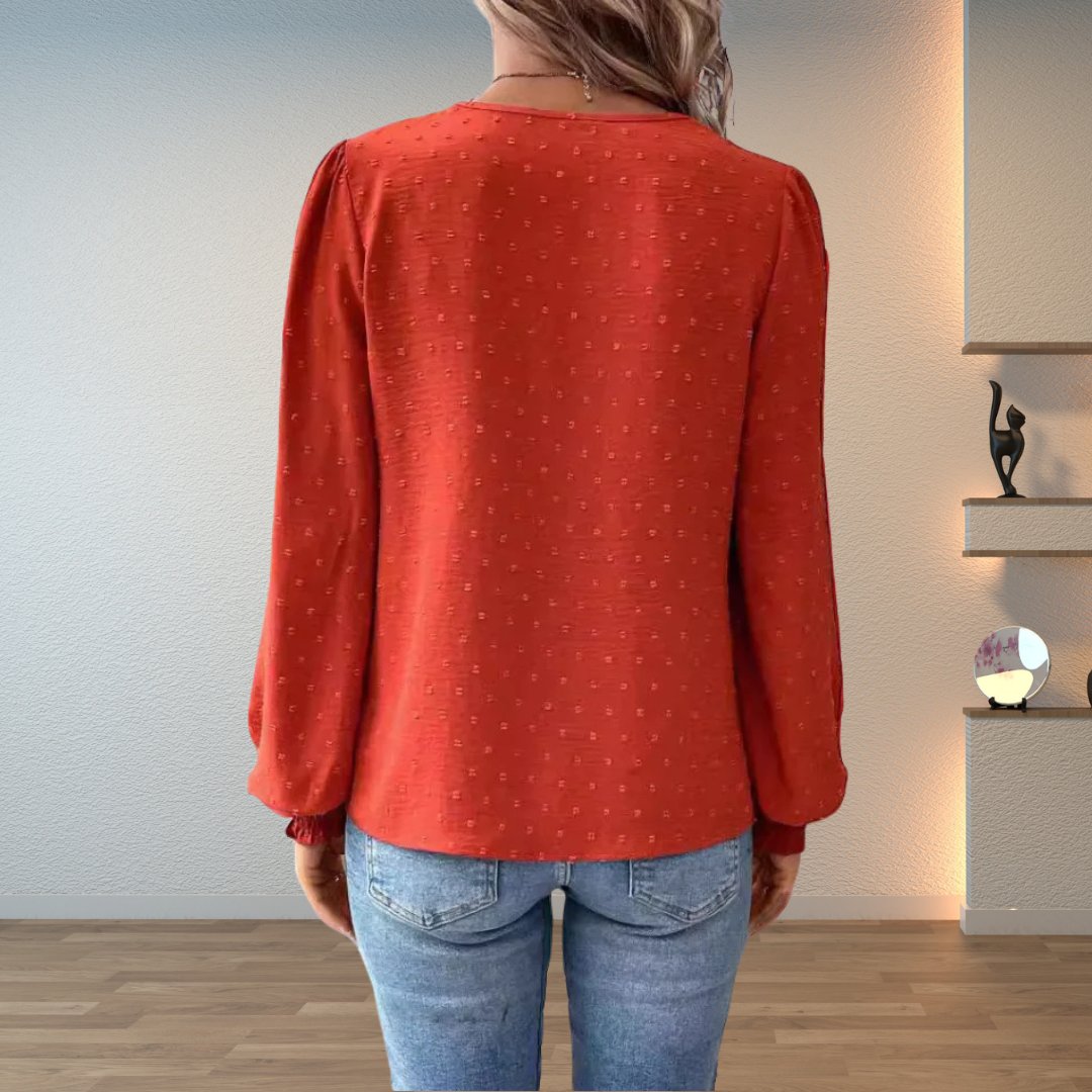 Elegant Swiss Dot Lace Blouse for Women with V Neck Long Sleeve Crochet Trim Relaxed Style