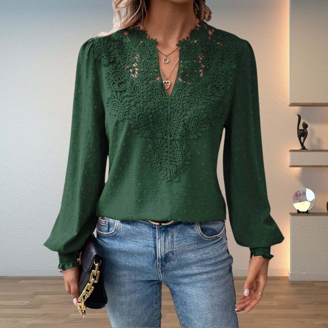 Elegant Swiss Dot Lace Blouse for Women with V Neck Long Sleeve Crochet Trim Relaxed Style