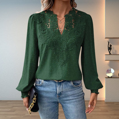 Elegant Swiss Dot Lace Blouse for Women with V Neck Long Sleeve Crochet Trim Relaxed Style