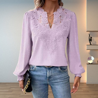 Elegant Swiss Dot Lace Blouse for Women with V Neck Long Sleeve Crochet Trim Relaxed Style