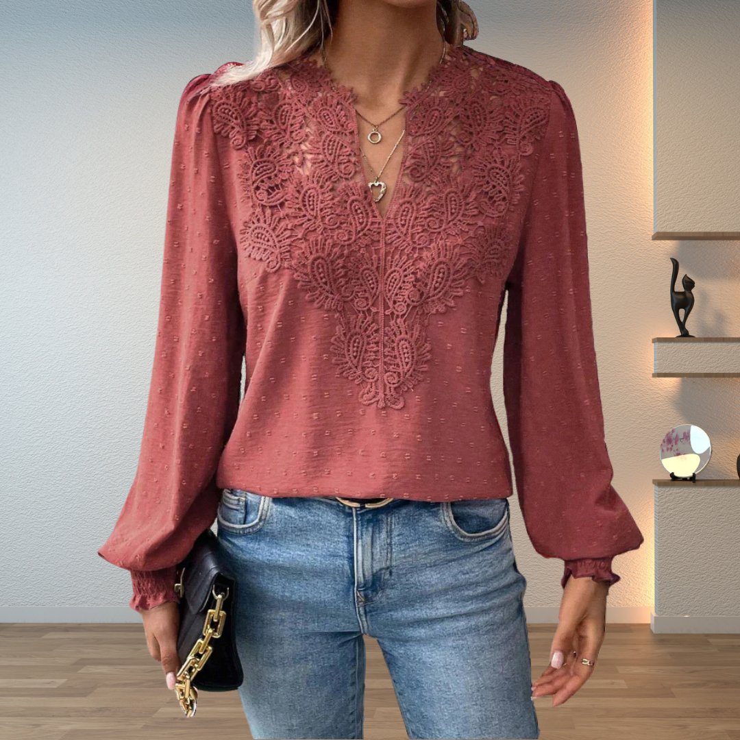 Elegant Swiss Dot Lace Blouse for Women with V Neck Long Sleeve Crochet Trim Relaxed Style