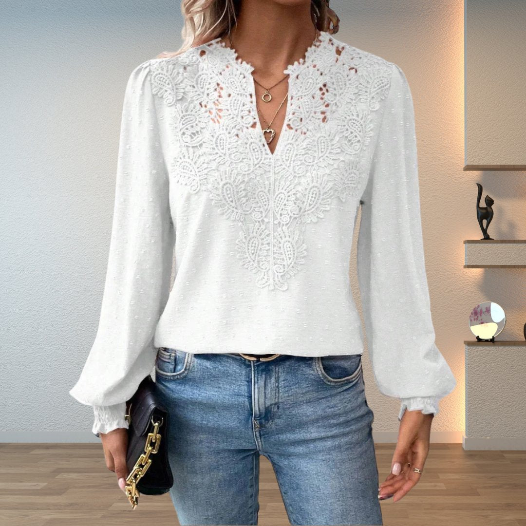 Elegant Swiss Dot Lace Blouse for Women with V Neck Long Sleeve Crochet Trim Relaxed Style