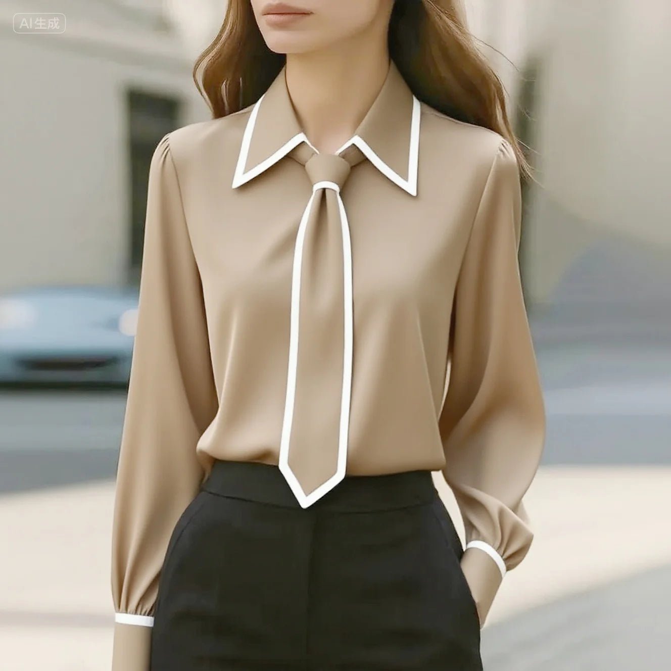Elegant Satin Blouse for Women with Point Collar Long Sleeve Contrast Trim Silky Style