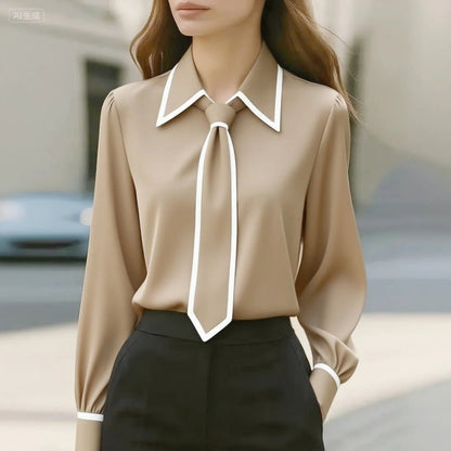Elegant Satin Blouse for Women with Point Collar Long Sleeve Contrast Trim Silky Style