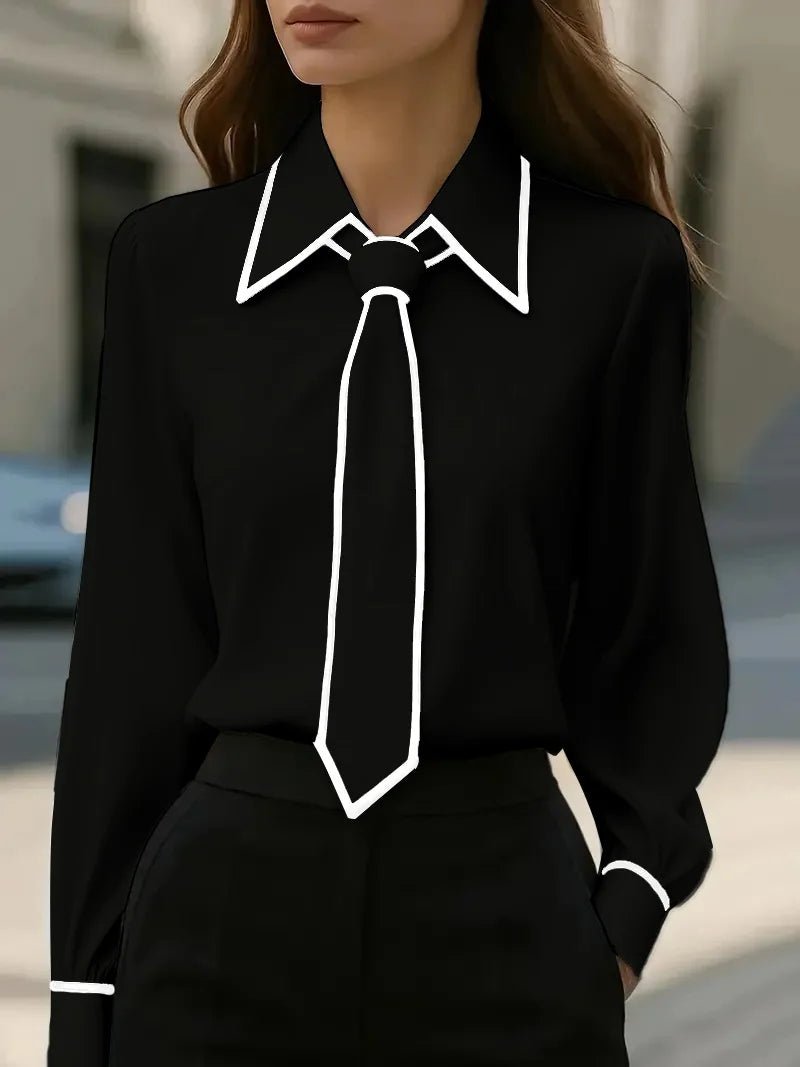 Elegant Satin Blouse for Women with Point Collar Long Sleeve Contrast Trim Silky Style
