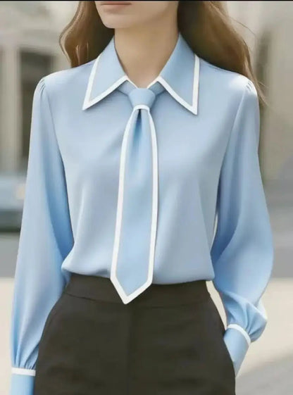 Elegant Satin Blouse for Women with Point Collar Long Sleeve Contrast Trim Silky Style