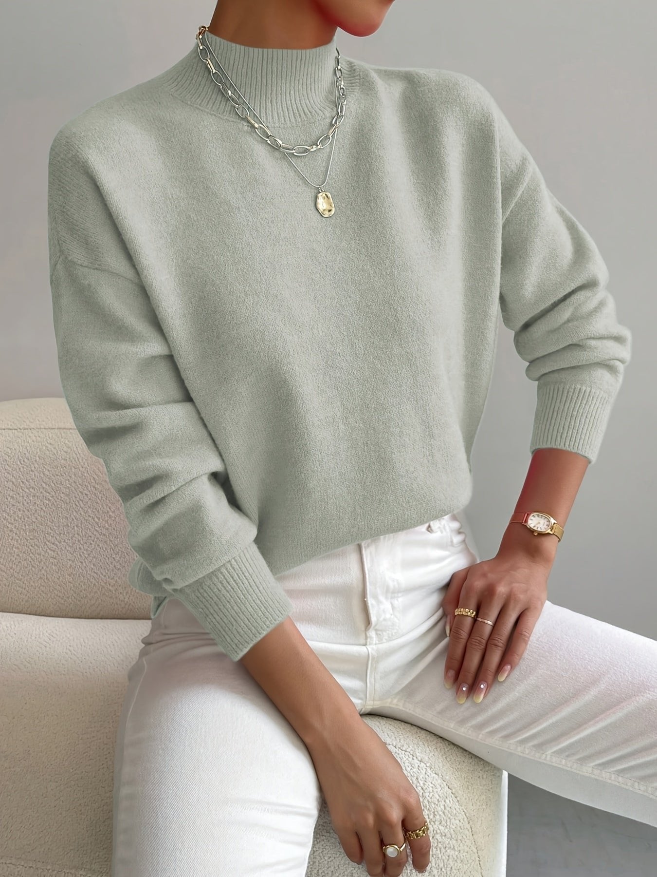 Comfortable Knit Sweater for Women with Mock Neck Long Sleeve Oversized Relaxed Style