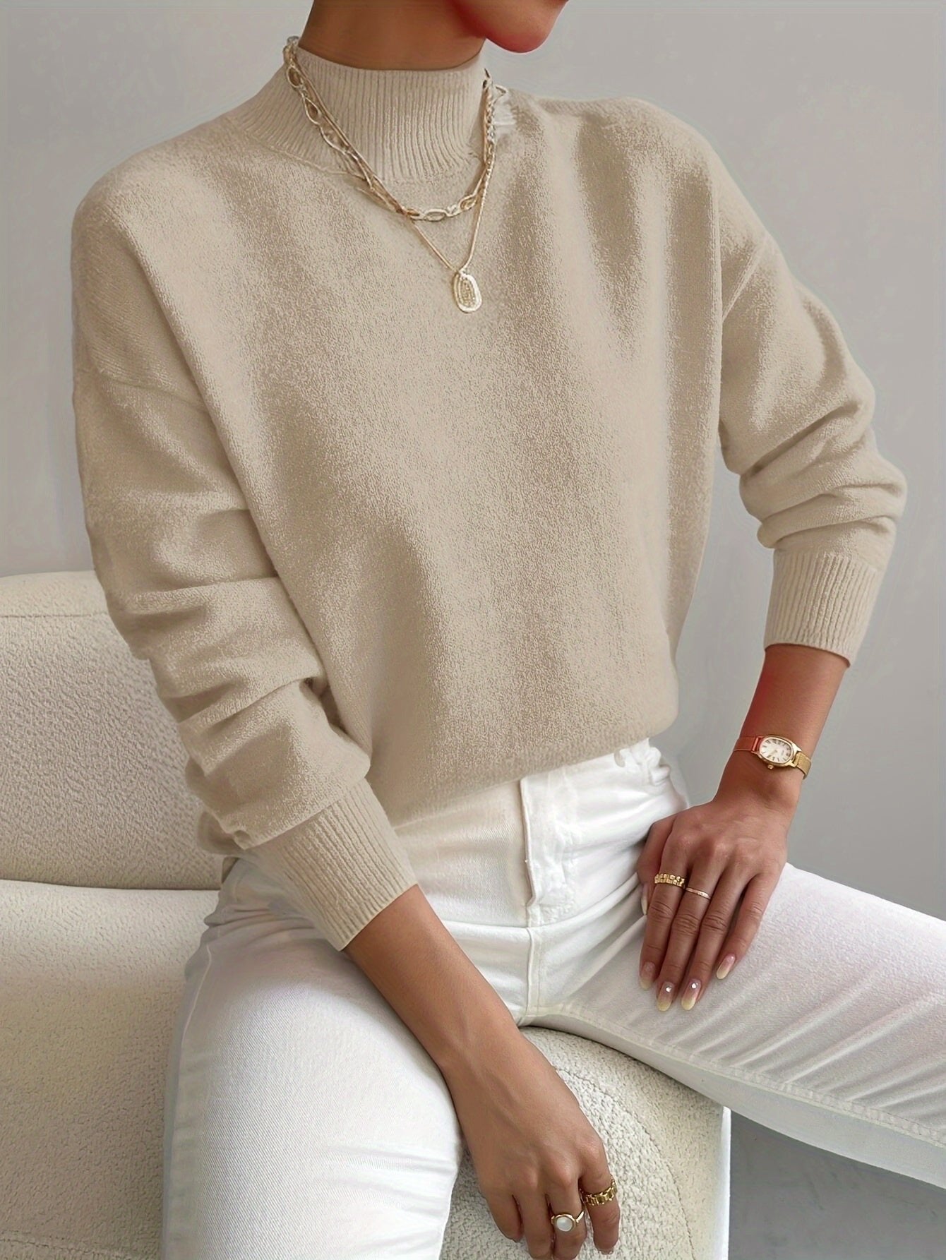 Comfortable Knit Sweater for Women with Mock Neck Long Sleeve Oversized Relaxed Style