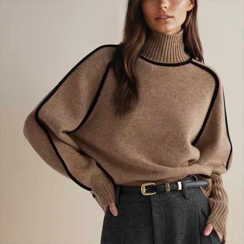 Comfortable Contrast Piping Sweater for Women with Turtleneck Long Sleeve Oversized Knit Style