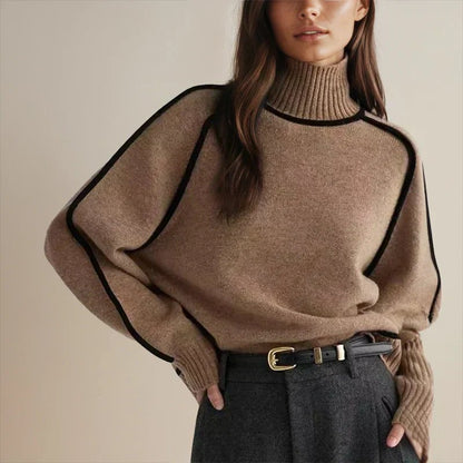 Comfortable Contrast Piping Sweater for Women with Turtleneck Long Sleeve Oversized Knit Style