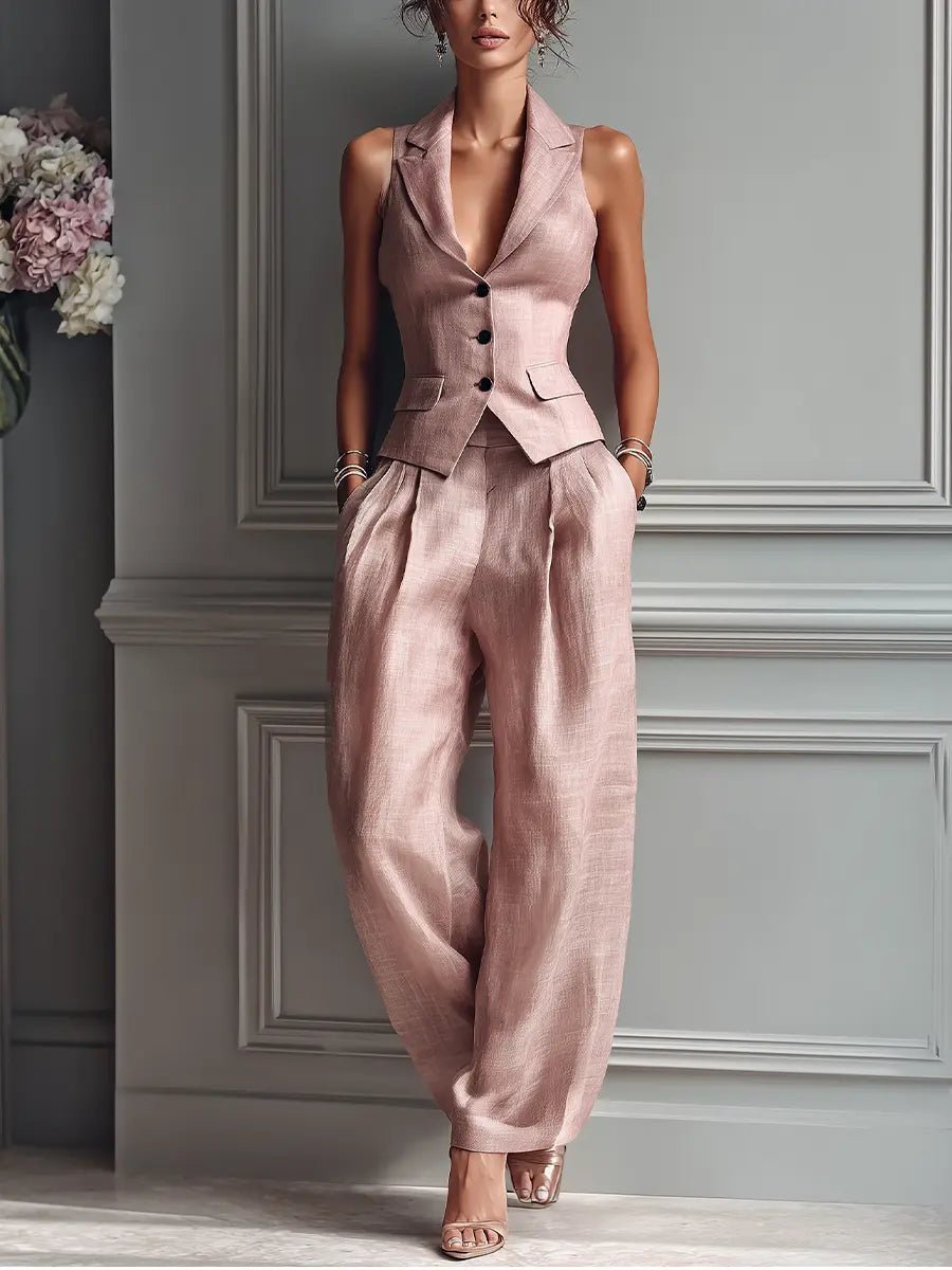 Elegant Light Pink Linen Wide Leg Set for Women with V Neck Sleeveless Button Front Relaxed Two Piece Style