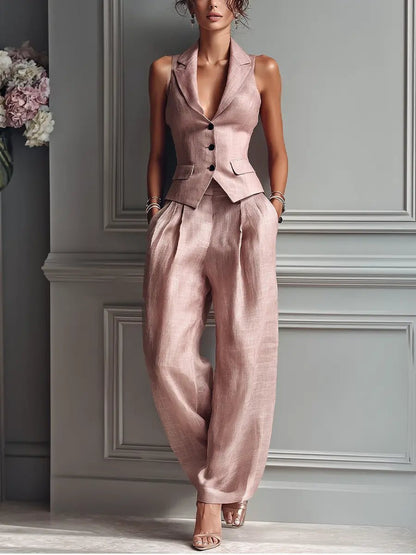 Elegant Light Pink Linen Wide Leg Set for Women with V Neck Sleeveless Button Front Relaxed Two Piece Style