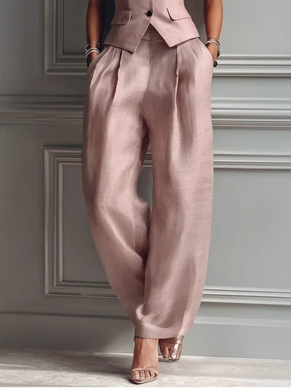 Elegant Light Pink Linen Wide Leg Set for Women with V Neck Sleeveless Button Front Relaxed Two Piece Style