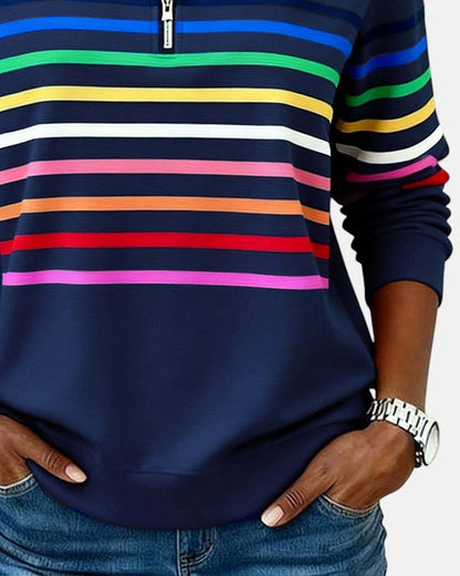 Comfortable Rainbow Striped Pullover for Women with High Neck Long Sleeve Quarter Zip Casual Style