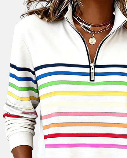 Comfortable Rainbow Striped Pullover for Women with High Neck Long Sleeve Quarter Zip Casual Style