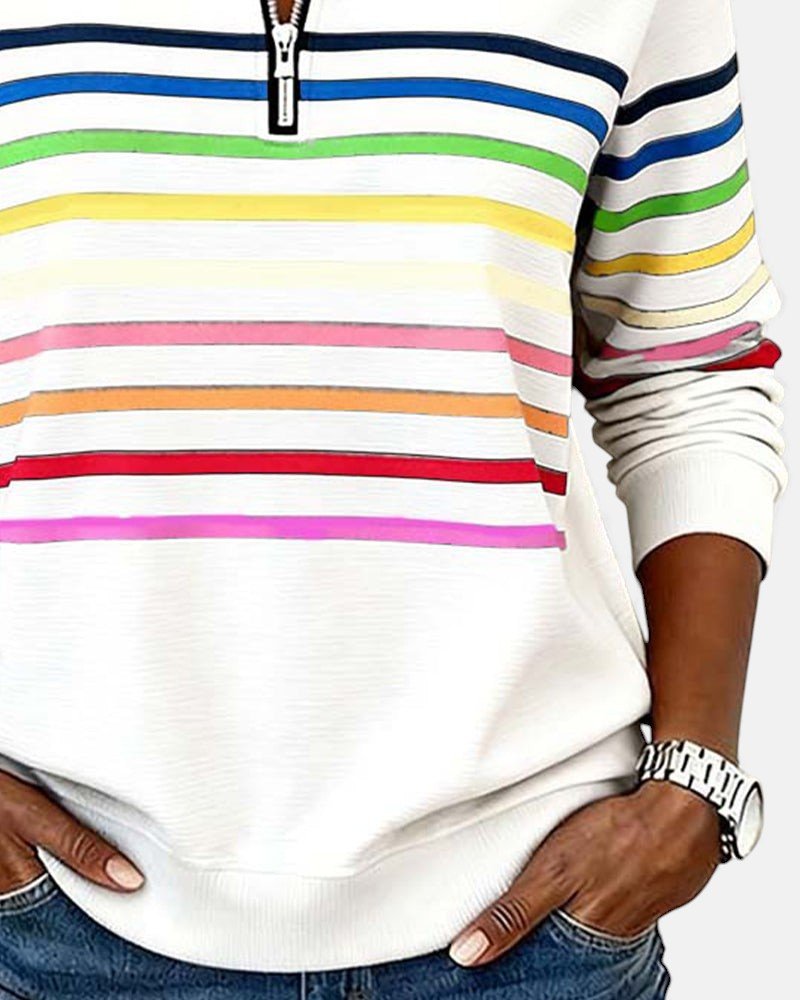 Comfortable Rainbow Striped Pullover for Women with High Neck Long Sleeve Quarter Zip Casual Style