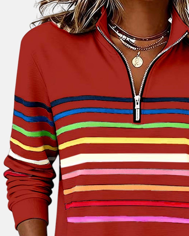 Comfortable Rainbow Striped Pullover for Women with High Neck Long Sleeve Quarter Zip Casual Style