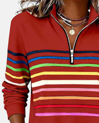 Comfortable Rainbow Striped Pullover for Women with High Neck Long Sleeve Quarter Zip Casual Style