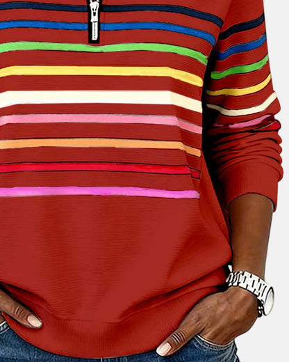 Comfortable Rainbow Striped Pullover for Women with High Neck Long Sleeve Quarter Zip Casual Style