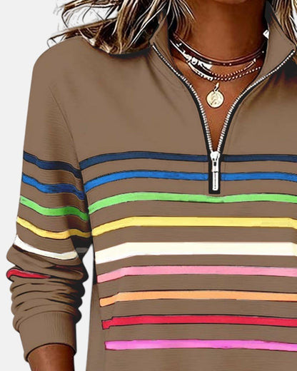 Comfortable Rainbow Striped Pullover for Women with High Neck Long Sleeve Quarter Zip Casual Style