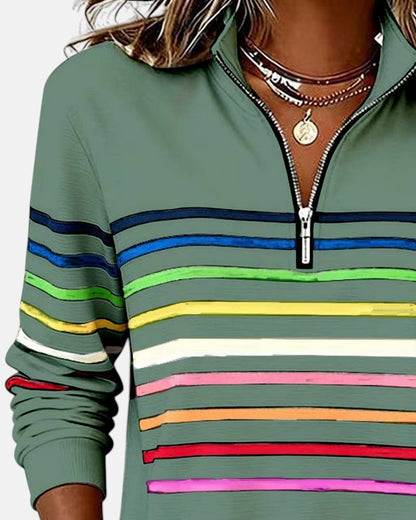 Comfortable Rainbow Striped Pullover for Women with High Neck Long Sleeve Quarter Zip Casual Style