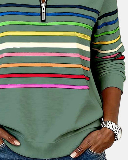 Comfortable Rainbow Striped Pullover for Women with High Neck Long Sleeve Quarter Zip Casual Style