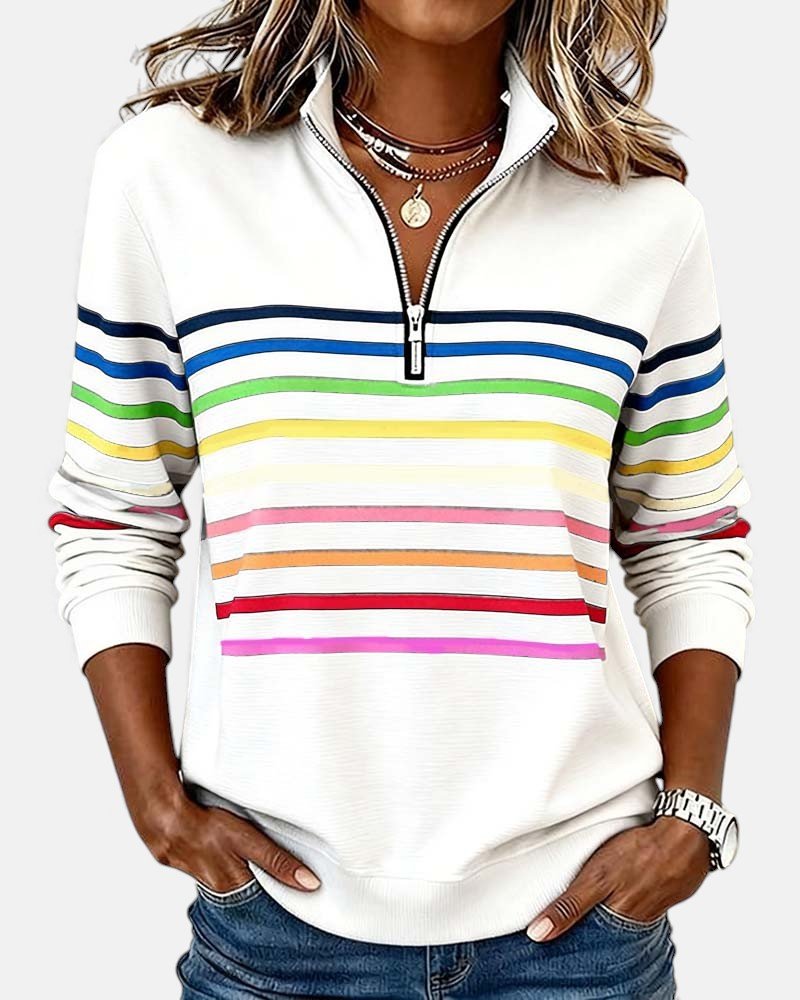 Comfortable Rainbow Striped Pullover for Women with High Neck Long Sleeve Quarter Zip Casual Style