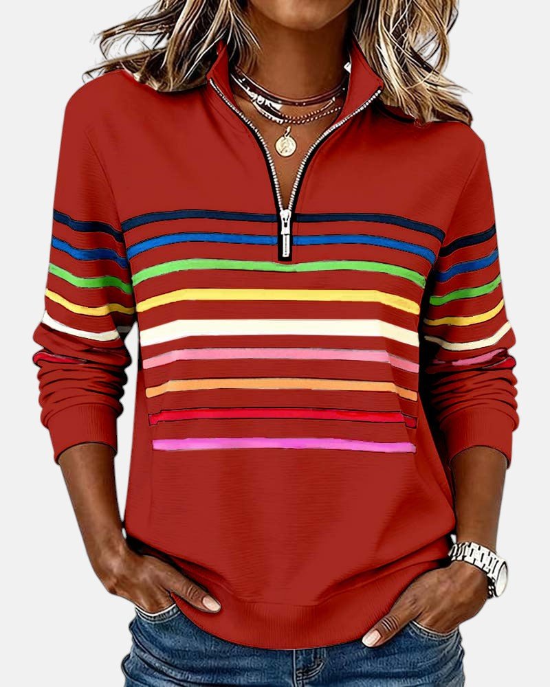 Comfortable Rainbow Striped Pullover for Women with High Neck Long Sleeve Quarter Zip Casual Style