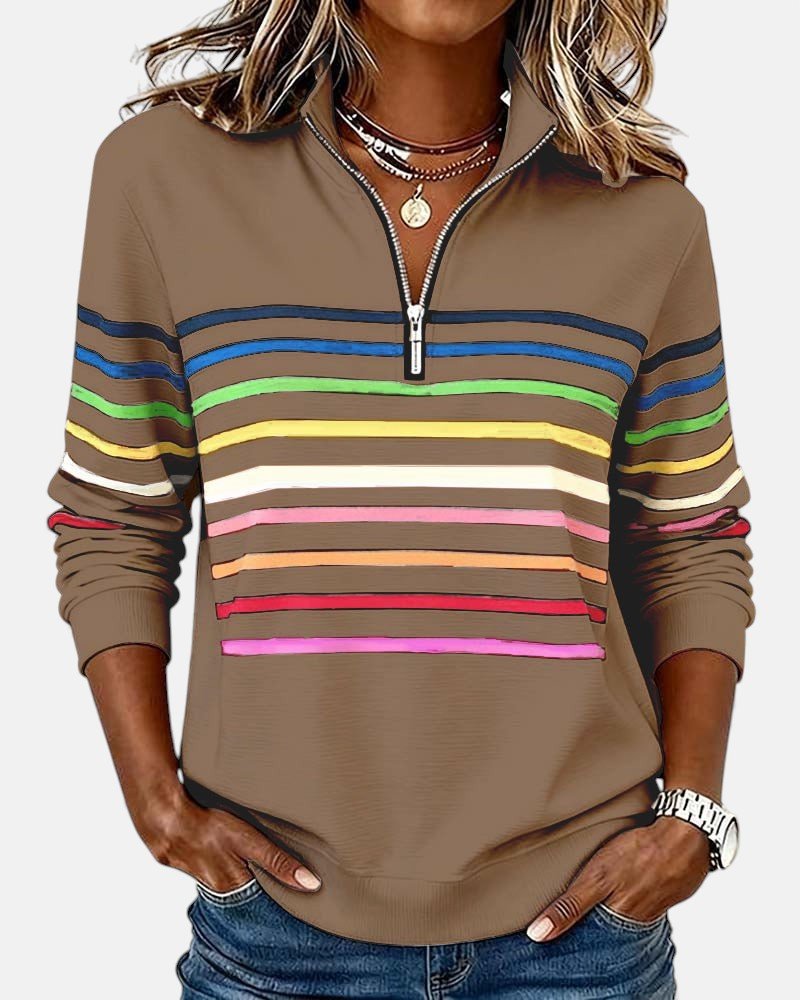Comfortable Rainbow Striped Pullover for Women with High Neck Long Sleeve Quarter Zip Casual Style