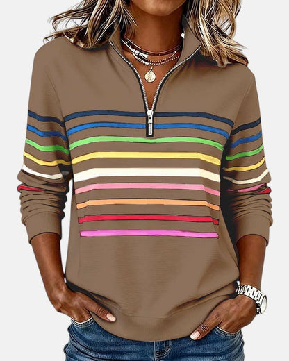 Comfortable Rainbow Striped Pullover for Women with High Neck Long Sleeve Quarter Zip Casual Style