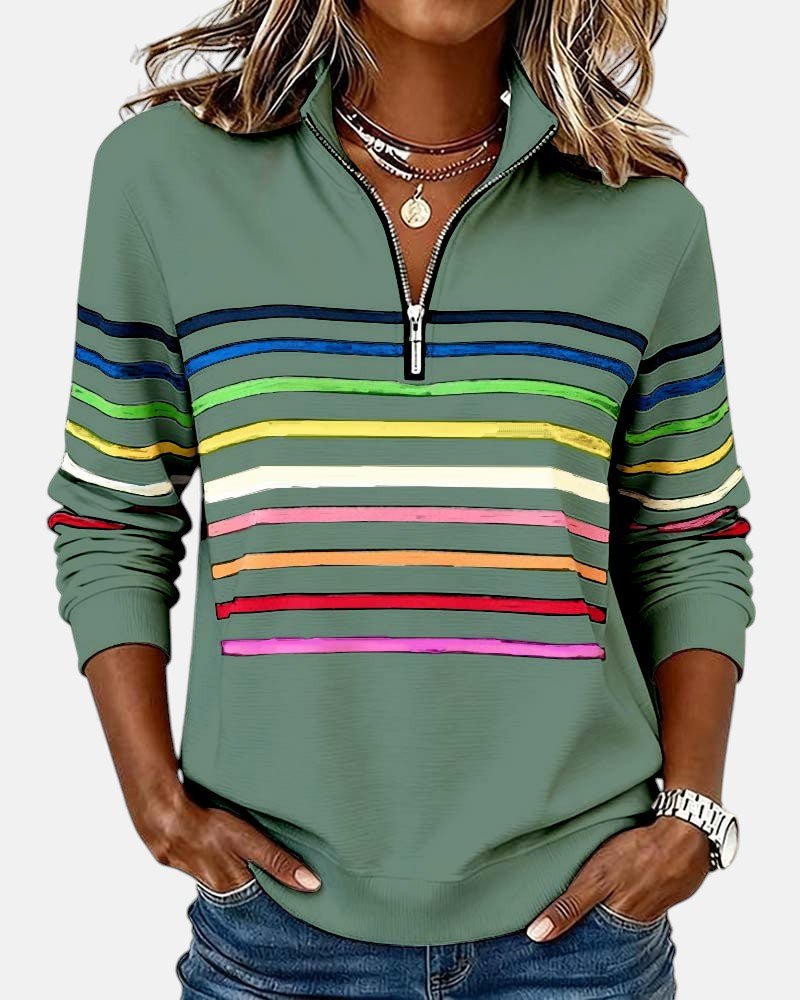 Comfortable Rainbow Striped Pullover for Women with High Neck Long Sleeve Quarter Zip Casual Style