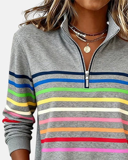 Comfortable Rainbow Striped Pullover for Women with High Neck Long Sleeve Quarter Zip Casual Style