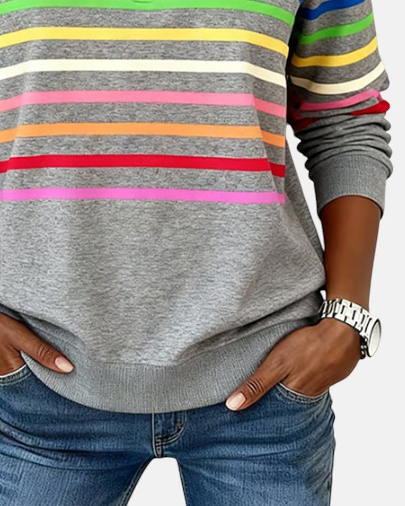 Comfortable Rainbow Striped Pullover for Women with High Neck Long Sleeve Quarter Zip Casual Style