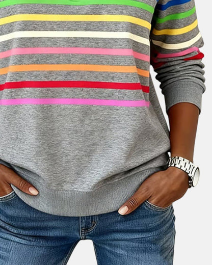 Comfortable Rainbow Striped Pullover for Women with High Neck Long Sleeve Quarter Zip Casual Style