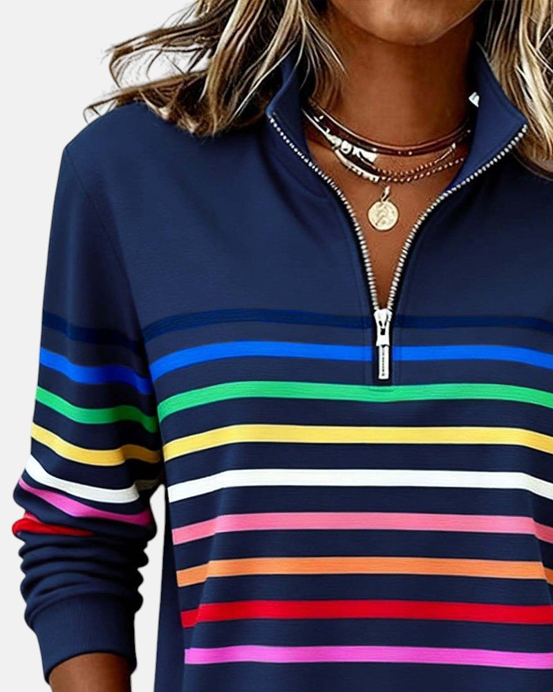 Comfortable Rainbow Striped Pullover for Women with High Neck Long Sleeve Quarter Zip Casual Style