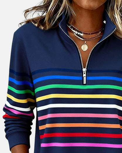 Comfortable Rainbow Striped Pullover for Women with High Neck Long Sleeve Quarter Zip Casual Style