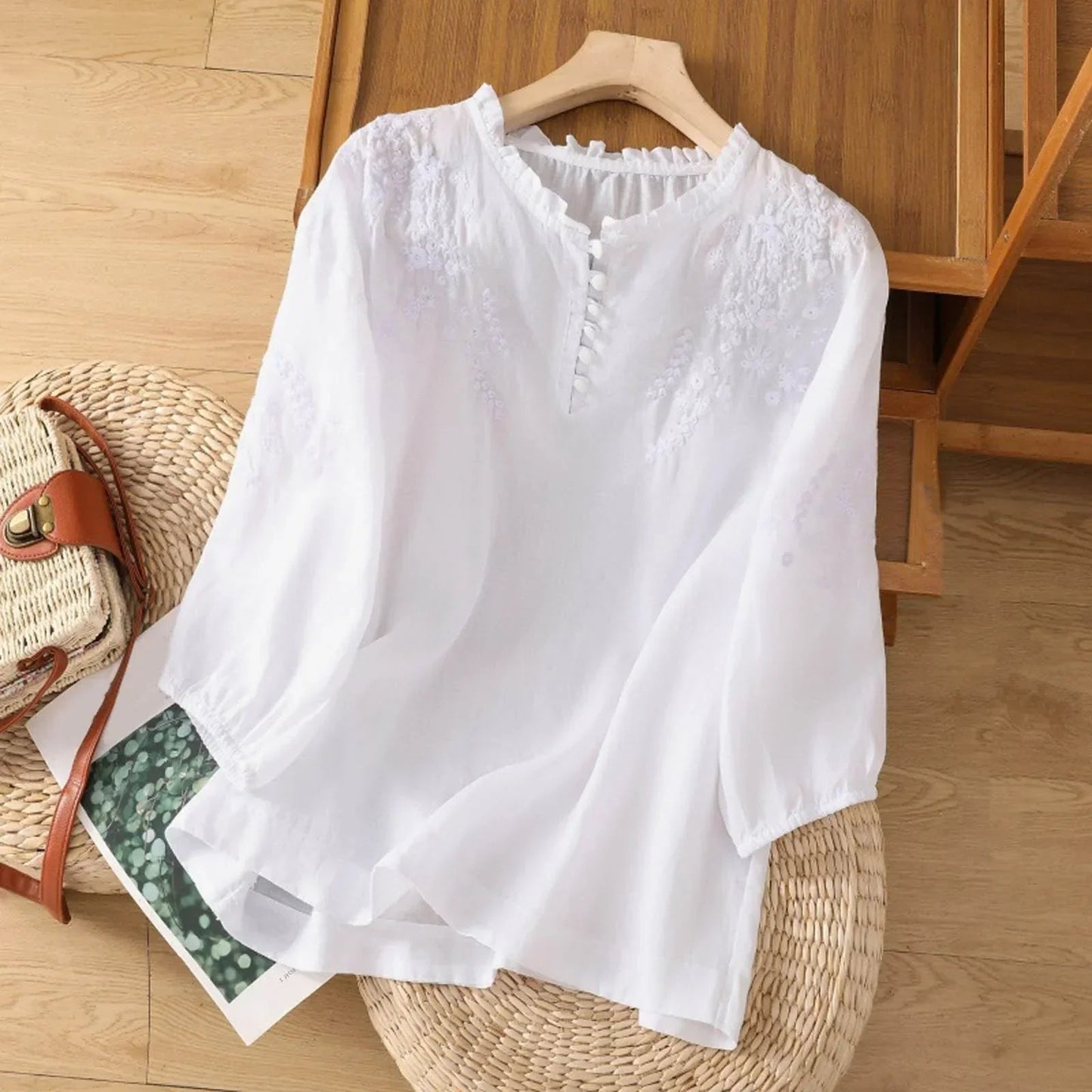 Effortless Embroidered Linen Blouse for Women with Ruffled V Neck Half Sleeve Button Front Casual Style