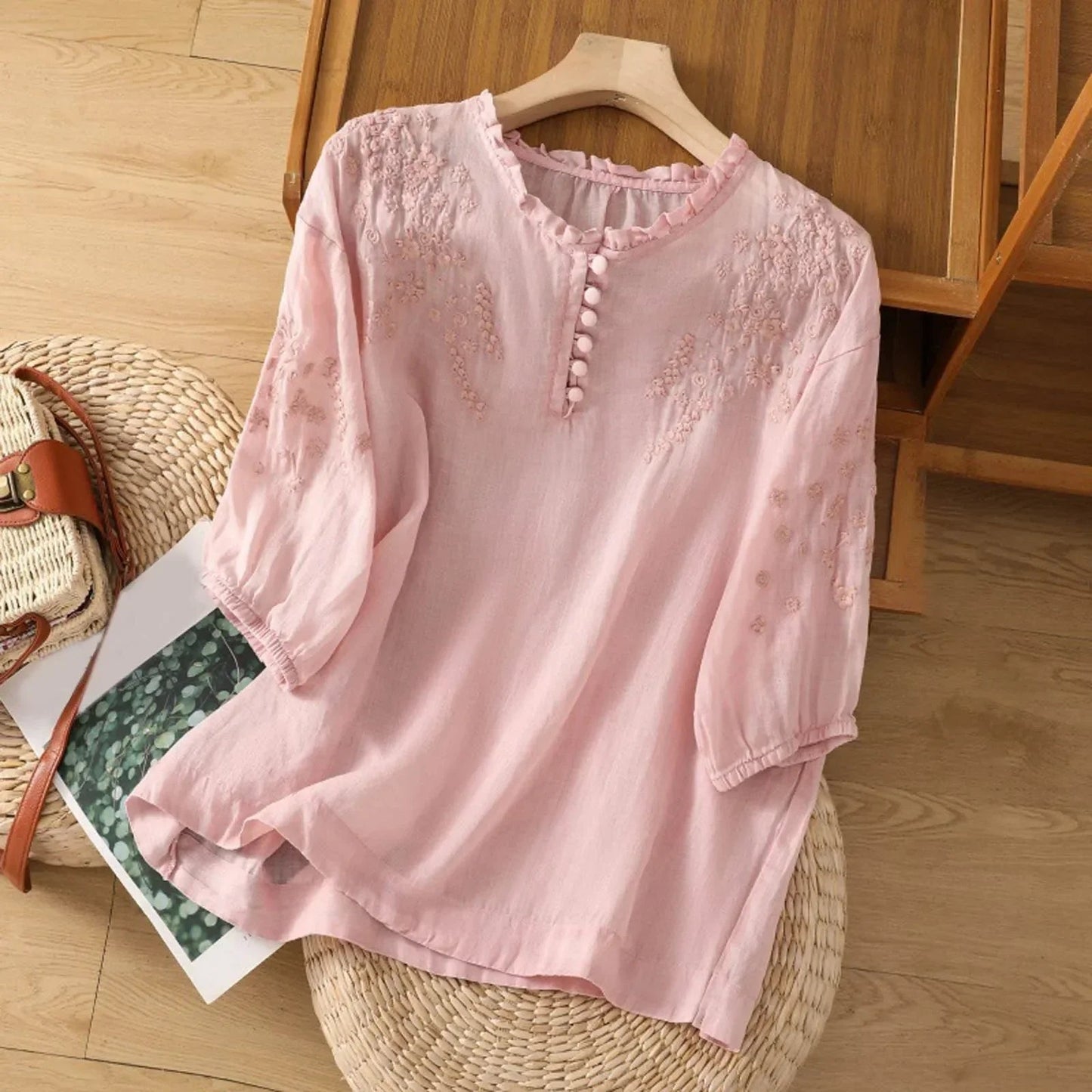Effortless Embroidered Linen Blouse for Women with Ruffled V Neck Half Sleeve Button Front Casual Style