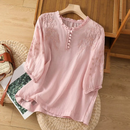 Effortless Embroidered Linen Blouse for Women with Ruffled V Neck Half Sleeve Button Front Casual Style