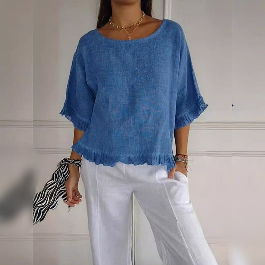 Effortless Linen Blouse for Women with Scoop Neck Elbow Sleeve Ruffled Hem Relaxed Style