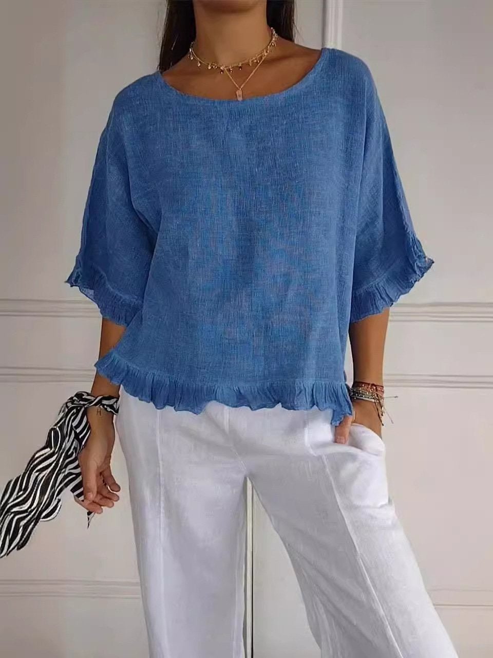 Effortless Linen Blouse for Women with Scoop Neck Elbow Sleeve Ruffled Hem Relaxed Style