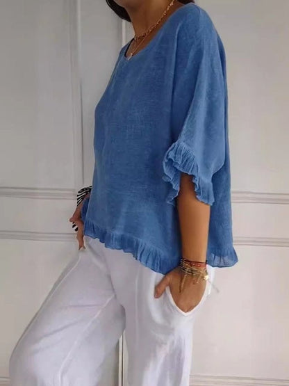 Effortless Linen Blouse for Women with Scoop Neck Elbow Sleeve Ruffled Hem Relaxed Style