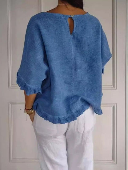 Effortless Linen Blouse for Women with Scoop Neck Elbow Sleeve Ruffled Hem Relaxed Style