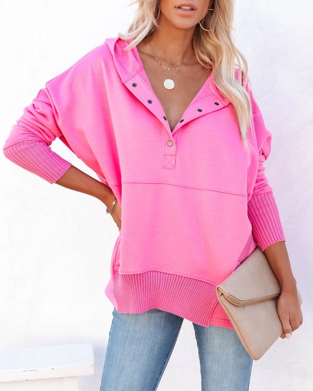 Comfortable Snap Button Hoodie for Women with Long Sleeve Ribbed Cuff Oversized Relaxed Style